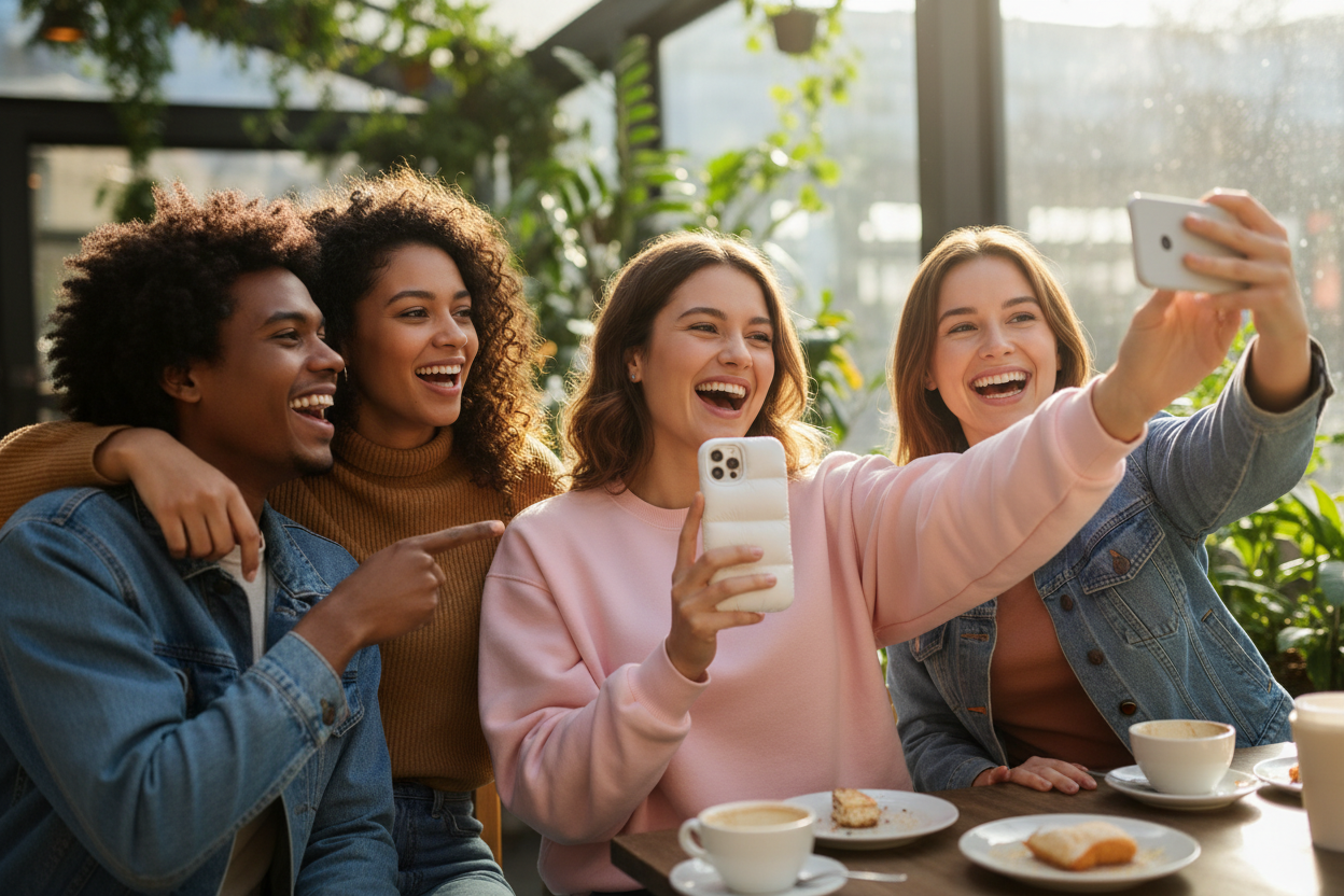 Cute girl holding a puffer iphone case with her friends