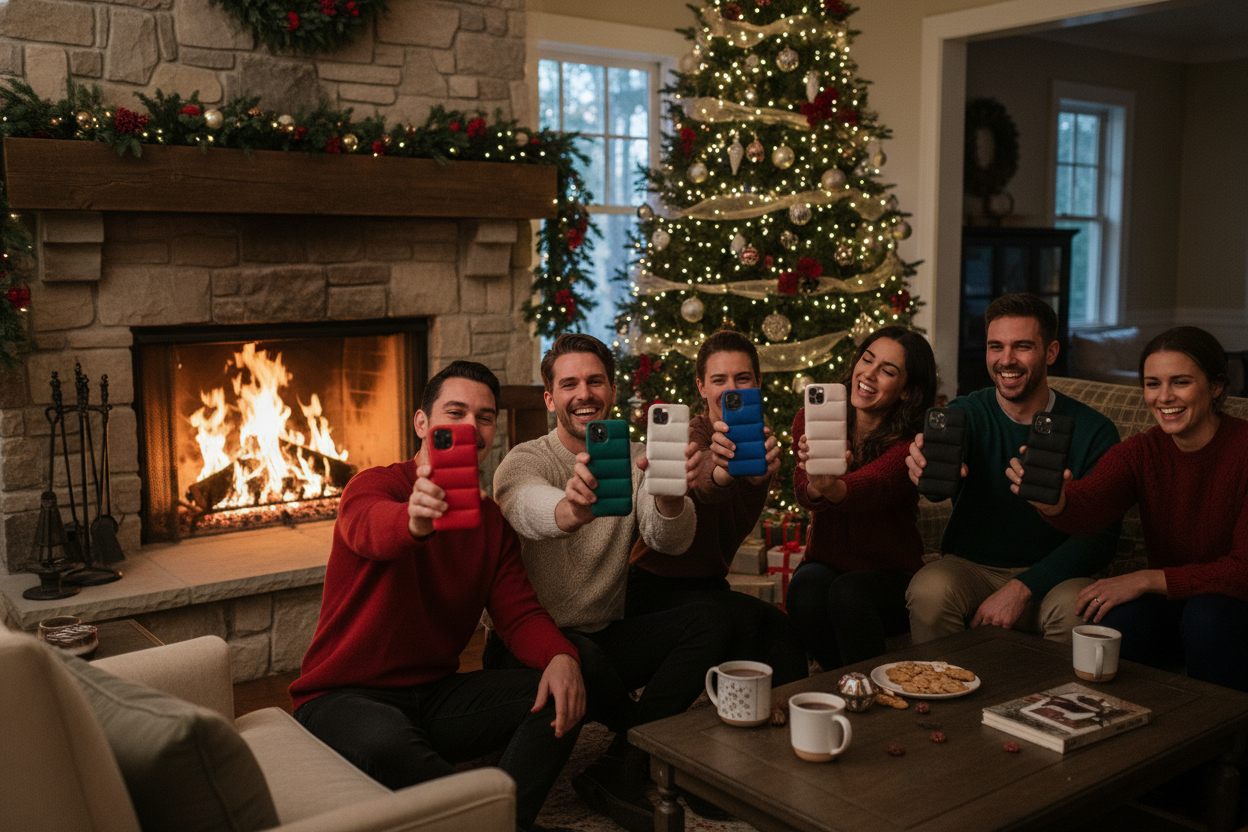 Men and women sitting Next to a fireplace the fire burning strong Christmas tree in the background in a beautiful house holding up their puffer phone cases with iphones different color phone cases