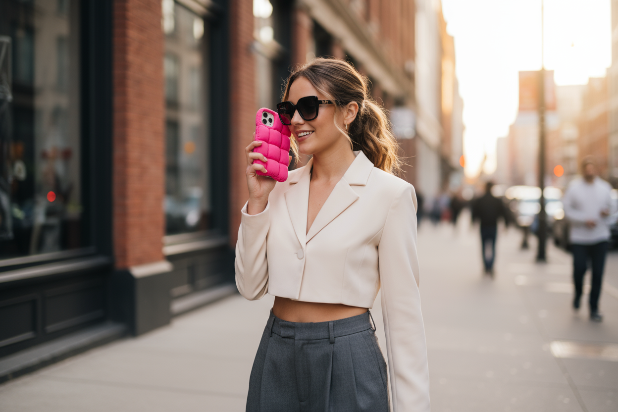 Pretty girl holding a puffer phone case as she walks down the street with her sunglasses And her puffer phone case up on her ear while she's having a conversation the phone case is a vibrant color making a fashion statement